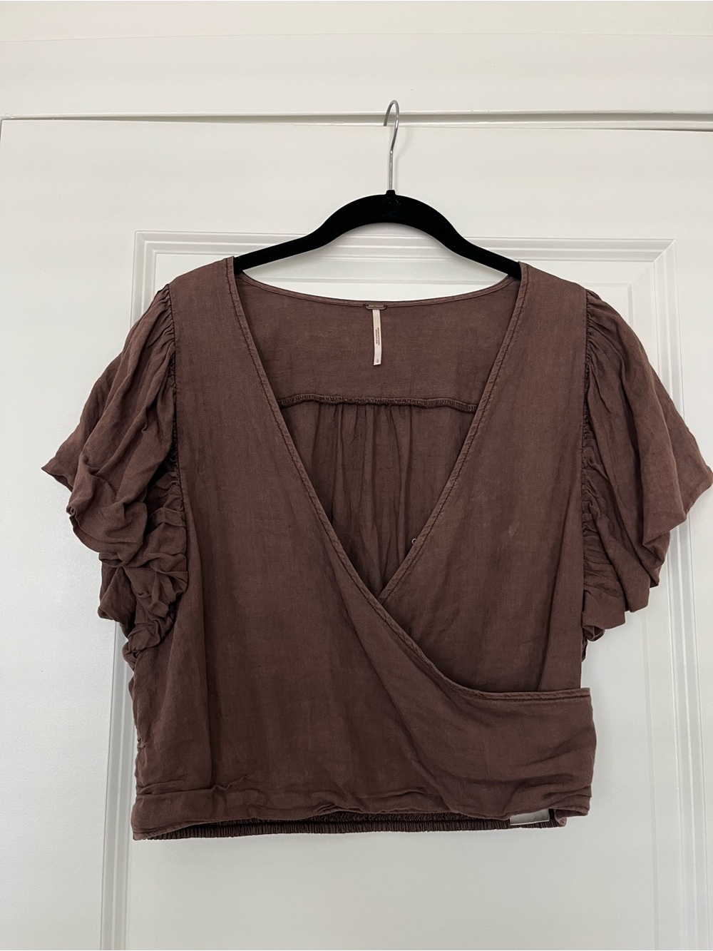 Free People Chocolate Brown Wrap Blouse with Puff Sleeves